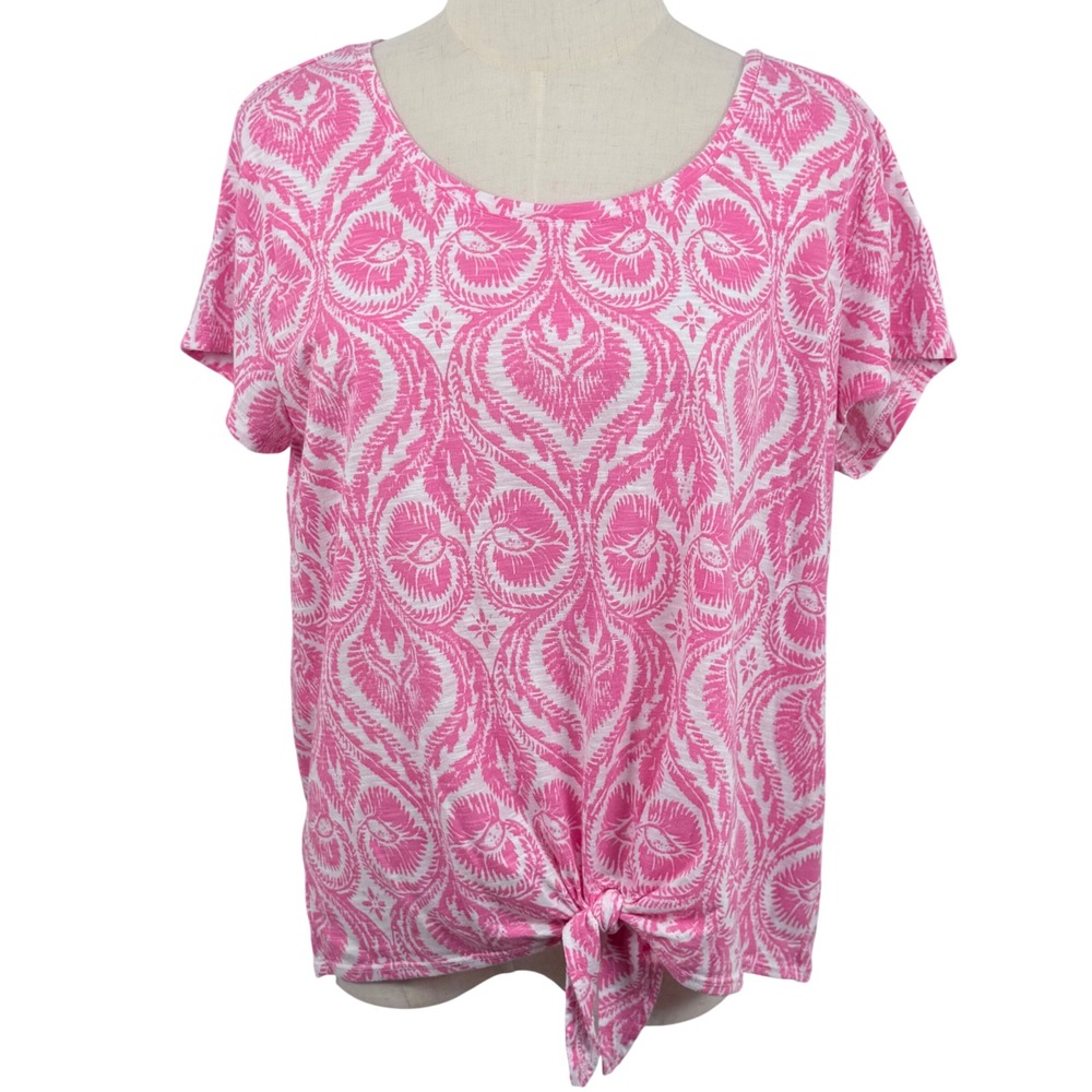 Style Co Lg T Shirt Pink Front Tie Paisley Damask Feminine Scoop Neck Summer EUC